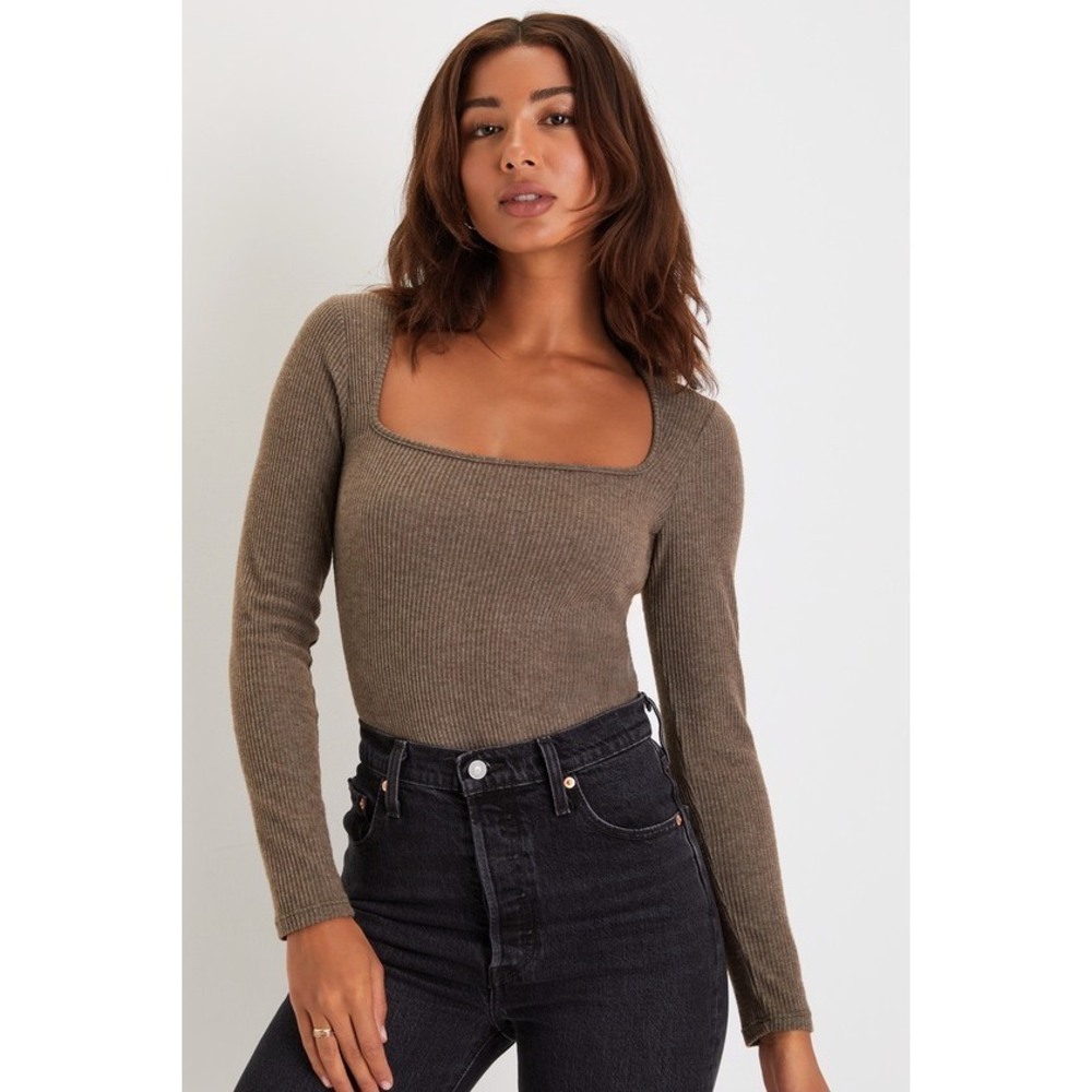 Lulus Feels Like Fate Heather Olive Green Ribbed Long Sleeve Bodysuit - Size L
